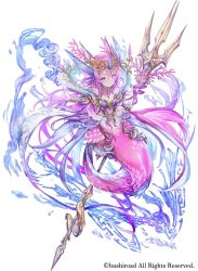 Rule 34 | bismarcho, blue eyes, breasts, company name, fins, hair ornament, head fins, holding, holding polearm, holding weapon, horns, long hair, looking at viewer, mermaid, monster girl, official art, pink hair, polearm, scales, simple background, small breasts, smile, solo, trident, triple monsters, water, weapon, white background