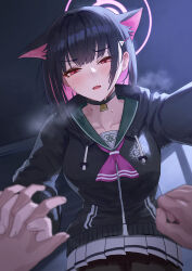 Rule 34 | 1girl, animal ears, black choker, black hair, black hoodie, blue archive, blurry, blush, breasts, cat ears, choker, colored inner hair, commentary request, cowboy shot, depth of field, drawstring, gino (gino h), green sailor collar, hair ornament, hairclip, halo, hand grab, highres, hood, hoodie, indoors, kazusa (blue archive), large breasts, leaning forward, long sleeves, looking at viewer, multicolored hair, neckerchief, open mouth, pink hair, pink halo, pink neckerchief, pleated skirt, pov, pov hands, red eyes, sailor collar, school uniform, short hair, skirt, solo, solo focus, steam, sweat, white skirt