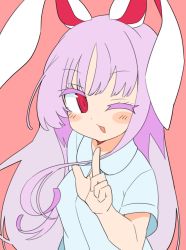 Rule 34 | 1girl, animal ears, collared shirt, highres, index finger raised, ini (inunabe00), long hair, looking at viewer, one eye closed, pink background, purple hair, rabbit ears, red eyes, reisen udongein inaba, shirt, short sleeves, simple background, smile, solo, touhou, upper body, white shirt