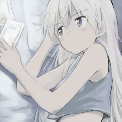 Rule 34 | 1girl, blue eyes, crop top, eila ilmatar juutilainen, long hair, lying, midriff, on bed, on side, sandwich (artist), silver hair, solo, strike witches, tank top, tsuchii (ramakifrau), world witches series