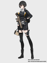 Rule 34 | 1girl, assault rifle, asymmetrical legwear, black hair, boots, commentary, earpiece, expressionless, fingerless gloves, full body, gloves, grey background, gun, gun request, hair between eyes, handgun, harness, helmet, highres, holding, holding helmet, holster, jacket, knee pads, load bearing vest, looking at viewer, military, open clothes, open jacket, original, rifle, rikui (rella2930), short hair, shorts, sig p220/p226, single knee pad, solo, thigh holster, thighhighs, uneven legwear, weapon, yellow eyes