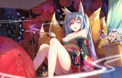 Rule 34 | 1girl, animal ear fluff, animal ears, bare legs, blue eyes, blue hair, breasts, cleavage, fingernails, flower, fox ears, fox tail, hair between eyes, hatsune miku, japanese clothes, long fingernails, long hair, medium breasts, mobu (wddtfy61), multiple tails, obi, off shoulder, oil-paper umbrella, open mouth, sash, sharp fingernails, sitting, smoking pipe, solo, tail, twintails, umbrella, very long hair, vocaloid