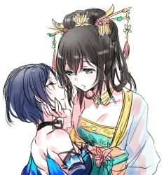 Rule 34 | 10s, 2girls, alternate hairstyle, bad id, bad pixiv id, bare shoulders, black hair, blue eyes, blue hair, breasts, chinese clothes, cleavage, hair ornament, hair stick, hair up, hand on another&#039;s cheek, hand on another&#039;s face, hanfu, hayami kanade, idolmaster, idolmaster cinderella girls, multiple girls, open mouth, romi (346 ura), sagisawa fumika, yellow eyes, yuri
