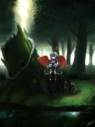Rule 34 | 1girl, book, circlek, female focus, forest, head wings, horns, nature, open book, reading, scenery, short hair, sitting, smile, solo, stream, tokiko (touhou), touhou, tree stump, wings