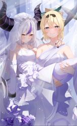 Rule 34 | 2girls, absurdres, alternate costume, aqua eyes, black headband, black nails, blonde hair, bouquet, breasts, bridal gauntlets, bridal veil, bride, carrying, choker, colored bangs, commentary request, cross, crucifix, dress, elbow gloves, fake tail, female focus, flower, gloves, headband, highres, hololive, horns, jewelry, kazama iroha, la+ darknesss, large breasts, long hair, medium hair, motoi (croa76), multicolored hair, multiple girls, necklace, pointy ears, princess carry, purple hair, ring, single bridal gauntlet, small breasts, smile, streaked hair, tail, two-tone hair, veil, virtual youtuber, wedding, wedding dress, wedding ring, white bridal gauntlets, white choker, white dress, white gloves, white hair, wife and wife, wrist cuffs, yellow eyes, yuri