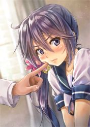 Rule 34 | 10s, 1girl, ahoge, akebono (kancolle), bell, blue ribbon, blush, breasts, cheek poking, closed mouth, curtains, dutch angle, embarrassed, eyebrows, eyelashes, flower, hair bell, hair between eyes, hair flower, hair intakes, hair ornament, highres, indoors, jingle bell, kantai collection, koyuki (kotatsu358), light particles, lips, long hair, looking at viewer, looking to the side, medium breasts, neckerchief, out of frame, pink flower, poking, pout, purple eyes, purple hair, revision, ribbon, school uniform, serafuku, short sleeves, side ponytail, solo focus, upper body, very long hair, wall