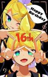 Rule 34 | 1boy, 1girl, :p, absurdres, anniversary, aqua eyes, bass clef, behind another, black background, black sailor collar, blonde hair, blush, bow, cel shading, collarbone, commentary, crop top, double v, fang, hair bow, hair ornament, hairclip, hands up, happy birthday, highres, kagamine len, kagamine rin, kasaki sakura, leaning forward, looking at viewer, one eye closed, sailor collar, shirt, short hair, sleeveless, sleeveless shirt, spiked hair, star (symbol), swept bangs, teeth, tongue, tongue out, treble clef, upper body, upper teeth only, v, vocaloid, white bow, white shirt, yellow nails