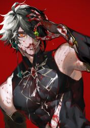 Rule 34 | 1boy, absurdres, alhaitham (genshin impact), black gloves, blood, blood on clothes, blood on face, blood on hands, detached sleeves, gem, genshin impact, gloves, green gemstone, grin, hair over one eye, highres, holding, holding gem, hwan (mob hwan), looking at viewer, male focus, partially fingerless gloves, red background, red eyes, simple background, smile, solo, sweat, toned, toned male, torn clothes, upper body