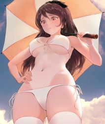 Rule 34 | 1girl, armpits, bare arms, bare shoulders, bikini, blue sky, blush, breasts, brown hair, chowbie, commentary request, day, from below, front-tie bikini top, front-tie top, gluteal fold, hand on own hip, holding, holding umbrella, large breasts, long hair, looking away, looking down, lowleg, lowleg bikini, navel, one-piece tan, original, outdoors, parasol, parted lips, red eyes, ribbon, side-tie bikini bottom, sky, solo, stomach, swimsuit, tan, tanline, thighhighs, umbrella, underboob, white bikini, white ribbon, white thighhighs