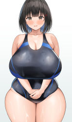 Rule 34 | 1girl, absurdres, bare shoulders, black hair, black one-piece swimsuit, blue hair, blush, borrowed character, breasts, brown eyes, cleavage, collarbone, colored inner hair, dawn (chomikuplus), dot nose, highres, huge breasts, looking at viewer, multicolored hair, neneneji, one-piece swimsuit, original, plump, shiny skin, short hair, simple background, solo, sweat, swimsuit, thick thighs, thighs, white background, wide hips