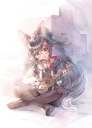 Rule 34 | 1girl, animal ears, black hair, blush, cat, full body, glasses, hair between eyes, hair ornament, hairclip, highres, holding, holding instrument, hololive, hood, hoodie, indian style, indoors, instrument, kei (keigarou), long hair, long sleeves, multicolored hair, no shoes, ookami mio, ookami mio (casual), pantyhose, red hair, sitting, smile, solo, streaked hair, taiga (ookami mio), tail, ukulele, very long hair, virtual youtuber, wolf ears, wolf girl, wolf tail, yellow eyes