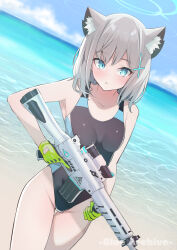 Rule 34 | 1girl, absurdres, animal ear fluff, animal ears, assault rifle, beach, black one-piece swimsuit, blue archive, blue eyes, blue sky, breasts, cloud, competition swimsuit, cowboy shot, cross hair ornament, day, dutch angle, extra ears, gloves, green gloves, grey hair, gun, hair ornament, halo, highres, horizon, kojima takeshi, medium breasts, medium hair, mismatched pupils, multicolored clothes, multicolored swimsuit, ocean, official alternate costume, one-piece swimsuit, outdoors, rifle, shiroko (blue archive), shiroko (swimsuit) (blue archive), sky, solo, swimsuit, thigh gap, weapon, wolf ears