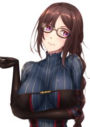 Rule 34 | 1girl, black-framed eyewear, black gloves, braid, breast hold, breasts, breasts apart, brown hair, collarbone, commentary request, elbow gloves, fate/grand order, fate (series), glasses, gloves, head tilt, highres, large breasts, long braid, long hair, looking at viewer, messy hair, red eyes, shiroshisu, simple background, single braid, solo, striped clothes, striped sweater, sweater, very long hair, white background, yu mei-ren (fate), yu mei-ren (first ascension) (fate)