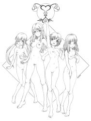 Rule 34 | 4girls, blush, censored, completely nude, female focus, full body, greyscale, hand on own hip, harumachi nagaaki, highres, long hair, looking at viewer, monochrome, multiple girls, nude, short hair, smile, standing