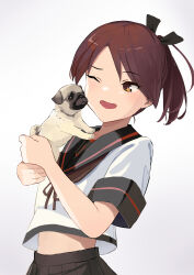 Rule 34 | 1girl, ;d, animal, black sailor collar, brown eyes, brown hair, brown skirt, commission, dog, highres, holding, holding animal, holding dog, kantai collection, medium hair, midriff, no navel, one eye closed, open mouth, parted bangs, pixiv commission, pleated skirt, ponytail, pug, sailor collar, shikinami (kancolle), shikinami kai ni (kancolle), simple background, skirt, smile, solo, white background, yuu+