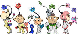 Rule 34 | 1girl, 4boys, alien, alph (pikmin), arms behind back, badge, big nose, black eyes, black skin, blonde hair, blue eyes, blue flower, blue gloves, blue hair, blue pikmin, blue skin, blush stickers, brittany (pikmin), brown hair, bud, buttons, charlie (pikmin), closed mouth, colored skin, commentary, creature, english commentary, flower, flying, freckles, frown, glasses, gloves, green flower, hand on another&#039;s hand, hands on own hips, holding, holding creature, insect wings, leaf, looking at object, looking at viewer, looking up, louie (pikmin), miniskirt, mohawk, multiple boys, muscular, nintendo, no mouth, olimar, olimin, open mouth, pikmin (creature), pikmin (series), pink flower, pink gloves, pink hair, pink skin, pink skirt, pointy ears, pointy nose, purple flower, red-framed eyewear, red eyes, red flower, red gloves, red pikmin, red skin, rock, rock pikmin, short hair, sitting, sitting on head, sitting on person, skirt, solid circle eyes, solid oval eyes, spacesuit, star (symbol), tan, triangle mouth, urfbownd, very short hair, white background, white flower, white pikmin, white skin, winged pikmin, wings