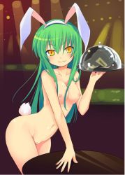 Rule 34 | 1girl, :3, alternate costume, animal ears, arm support, bent over, blush, breasts, c.c., card, carrying, cleft of venus, code geass, collarbone, fake animal ears, female focus, fingernails, green hair, groin, hair between eyes, hairband, hip focus, indoors, kishiri toworu, leaning forward, lips, long fingernails, long hair, long image, looking at viewer, medium breasts, navel, nipples, nude, nude filter, outstretched arm, playing card, purple background, pussy, rabbit ears, rabbit tail, reflection, shiny skin, smile, solo, spotlight, standing, table, tail, tall image, thighs, third-party edit, tray, uncensored, waitress, yellow eyes