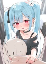 Rule 34 | 1boy, 1girl, black bow, black collar, black nails, black shirt, blue hair, blush, bow, breasts, cleavage, collar, collarbone, commentary request, ear piercing, earrings, hair between eyes, hair bow, hair ornament, hairclip, highres, hugging object, jewelry, kanae (tsukiman), long hair, looking at viewer, nail polish, off shoulder, original, parted lips, piercing, rabbit hair ornament, red eyes, ring, shirt, small breasts, solo focus, stuffed animal, stuffed rabbit, stuffed toy, sweat, textless version, tsukiman, twintails, very long hair