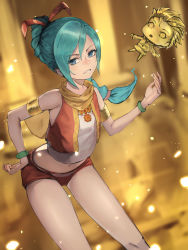 Rule 34 | 1girl, aito, bare shoulders, blouse, blue eyes, blue hair, blurry, blurry background, braid, braided ponytail, commentary request, dragon quest, dragon quest xi, grin, hair between eyes, hair ribbon, highres, jacket, looking at viewer, maya (dq11), navel, ponytail, red jacket, red ribbon, red shorts, ribbon, shirt, shorts, single braid, smile, solo, white shirt