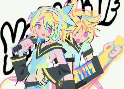 Rule 34 | 1boy, 1girl, black sailor collar, blonde hair, bow hairband, brother and sister, detached sleeves, english text, hairband, headset, holding, holding instrument, holding microphone, instrument, kagamine len, kagamine rin, keytar, melps, microphone, pink eyes, sailor collar, siblings, twins, vocaloid, white background, white hairband
