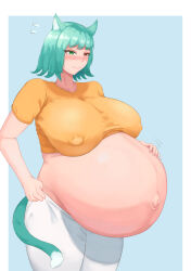 Rule 34 | 13otsu, 1girl, animal ears, aqua hair, big belly, blush, breasts, cat ears, cat girl, cat tail, collarbone, covered erect nipples, cowboy shot, green eyes, hand on own stomach, heterochromia, highres, huge breasts, medium hair, midriff, original, outie navel, pants, pregnant, red eyes, sidelocks, smile, solo, standing, tail