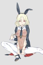 Rule 34 | 1girl, :q, animal ears, black footwear, black hairband, black necktie, blonde hair, breasts, collared shirt, copyright request, crotch plate, fake animal ears, fishnet leotard, grey background, haimura kiyotaka, hairband, high heels, highres, inverted nipples, leotard, licking lips, long sleeves, looking at viewer, medium breasts, medium hair, meme attire, necktie, nipples, playboy bunny, rabbit ears, red eyes, reverse bunnysuit, reverse outfit, shirt, shrug (clothing), simple background, sitting, smile, solo, spread legs, thighhighs, tongue, tongue out, white leotard, white thighhighs, wing collar, wrist cuffs