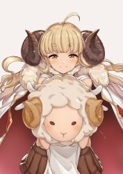 Rule 34 | 10s, 1girl, ahoge, anila (granblue fantasy), animal, aya shachou, blonde hair, cape, draph, eyebrows, gloves, granblue fantasy, holding, holding animal, horns, long hair, looking at viewer, pleated skirt, sheep, sheep horns, simple background, skirt, smile, solo, white gloves, yellow eyes