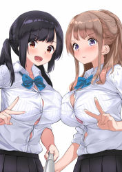 Rule 34 | 2girls, :d, black hair, black skirt, blue neckwear, blush, bow, bowtie, bra, bra peek, bra visible through clothes, breast press, breasts, brown hair, button gap, cleavage, closed mouth, collared shirt, commentary request, dress shirt, fang, holding, kaisen chuui, large breasts, long hair, looking at viewer, mole, mole under eye, multiple girls, nail polish, open mouth, original, pink bra, pleated skirt, purple eyes, red eyes, school uniform, see-through, selfie stick, shirt, shirt tucked in, sidelocks, simple background, skirt, smile, striped bra, striped clothes, symmetrical docking, underwear, upper body, v, white background, white shirt