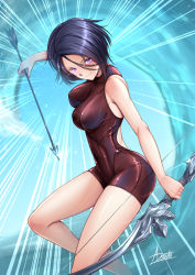 Rule 34 | 1girl, adsouto, alternate costume, arrow (projectile), bare legs, black one-piece swimsuit, blue hair, blush, bow (weapon), breasts, breasts apart, brown jumpsuit, closed mouth, fire emblem, fire emblem: three houses, hair between eyes, highres, holding, holding arrow, holding bow (weapon), holding weapon, jumpsuit, large breasts, nintendo, one-piece swimsuit, purple eyes, shamir nevrand, shiny skin, short hair, signature, sleeveless, smile, solo, swimsuit, weapon