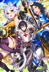 Rule 34 | 1girl, 2boys, animal ears, black gloves, black hair, blue hair, blush, bow (weapon), cat ears, cat tail, cross, fang, gloves, highres, holding, holding bow (weapon), holding sword, holding weapon, looking at another, mika pikazo, multiple boys, open mouth, original, purple thighhighs, red cross, sword, tail, textless version, thighhighs, weapon, yellow eyes