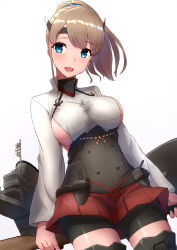 Rule 34 | 1girl, bike shorts, blush, breasts, comala (komma la), cosplay, gun, headband, headgear, highres, holding, holding gun, holding weapon, intrepid (kancolle), kantai collection, large breasts, light brown hair, long sleeves, open mouth, ponytail, red skirt, rigging, shorts, shorts under skirt, sideboob, simple background, skirt, solo, taihou (kancolle), taihou (kancolle) (cosplay), weapon