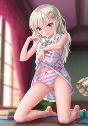 Rule 34 | 1girl, :p, blonde hair, bow, bow panties, clothes lift, crotch seam, desk, dress, dress lift, gluteal fold, gotou hisashi, grecale (kancolle), green eyes, highres, kantai collection, kneeling, long hair, looking at viewer, neckerchief, on desk, panties, pink ribbon, ribbon, sailor collar, sailor dress, side-tie dress, sleeveless, sleeveless dress, solo, striped clothes, striped neckerchief, striped panties, tan, tongue, tongue out, underwear, wavy hair, white dress, white ribbon, white sailor collar