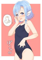 Rule 34 | 1girl, bare shoulders, blue eyes, blue hair, blue one-piece swimsuit, blush, breasts, commentary request, competition school swimsuit, covered navel, cowboy shot, elliot leucosia, embarrassed, fins, fish girl, food, hair ornament, head fins, highres, looking at viewer, mochi, monster girl, one-piece swimsuit, open mouth, original, red background, school swimsuit, short hair, simple background, small breasts, solo, speech bubble, standing, sweat, sweatdrop, swimsuit, takunomi, wavy mouth, webbed hands