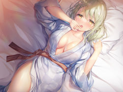 Rule 34 | 1girl, :o, blonde hair, blue kimono, blush, braid, breasts, checkered clothes, checkered kimono, commentary request, cowboy shot, flower, from above, hair between eyes, hair flower, hair ornament, hand to own mouth, hands up, highres, japanese clothes, kimono, large breasts, long hair, long sleeves, looking at viewer, lying, nametakenoko, on back, on bed, original, pillow, red sash, sash, solo, yellow eyes, yukata