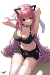 Rule 34 | 1girl, absurdres, animal ears, arm behind head, armpits, arms up, bare arms, bare shoulders, black choker, black shirt, black shorts, breasts, choker, cleavage, closed mouth, collarbone, commission, crop top, dolphin shorts, drawstring, expressionless, fake animal ears, highres, kokukyukeo, large breasts, midriff, navel, original, pink hair, pointy ears, red eyes, shirt, short shorts, shorts, simple background, sitting, sleeveless, sleeveless shirt, solo, sports bra, stomach, thighhighs, thighs, white background, white thighhighs