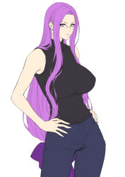 Rule 34 | 1girl, bow, breasts, cowboy shot, fate/stay night, fate (series), flat color, hair tie, hands on own hips, large breasts, long hair, looking at viewer, low-tied long hair, medusa (fate), medusa (rider) (fate), pants, purple eyes, purple hair, sidelocks, sleeveless, sleeveless sweater, solo, sweater, turtleneck, turtleneck sweater, very long hair, zucchini