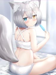 Rule 34 | 1girl, animal ear fluff, animal ears, ashitaba kemo, bare arms, bare shoulders, blue eyes, blush, bra, breasts, closed mouth, commentary request, day, food, from behind, grey hair, hair between eyes, heterochromia, highres, holding, holding food, indoors, looking at viewer, looking back, original, panties, popsicle, short hair, sitting, small breasts, solo, sunlight, underwear, underwear only, white bra, white panties, window, yellow eyes