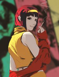 Rule 34 | 1990s (style), 1girl, arm up, black eyes, cigarette, colored skin, cowboy bebop, faye valentine, from side, hairband, highres, holding, holding cigarette, light smile, lips, looking at viewer, midriff, red hair, red sweater, shirt, short hair, sleeveless, sleeveless shirt, smoke, smoking, snatti, solo, sweater, turtleneck, white skin, yellow hairband, yellow shirt