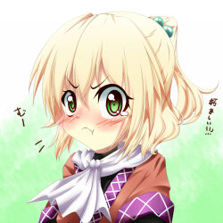 Rule 34 | 1girl, :t, black shirt, blonde hair, blush, brown shirt, closed mouth, commentary request, frown, gradient background, green background, green eyes, hair bobbles, hair ornament, high ponytail, looking at viewer, mizuhashi parsee, portrait, pout, scarf, shirt, short hair, short ponytail, short sleeves, solo, tearing up, touhou, translation request, undershirt, v-shaped eyebrows, white background, white scarf, yanmarson