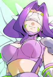 Rule 34 | 1girl, belt, bikini, bra, breasts, butterfly hair ornament, butterfly wings, cleavage, closed mouth, commentary request, covered eyes, digimon, digimon (creature), digimon frontier, elbow gloves, facial mark, fairimon, fairy, fairy wings, from below, garter straps, gloves, green background, grey gloves, hair ornament, higashimura michael, highres, insect wings, long hair, medium breasts, midriff, parted bangs, partial commentary, purple belt, purple bikini, purple hair, shoulder pads, simple background, smile, solo, swimsuit, underwear, upper body, wings