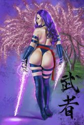 Rule 34 | 1girl, artist request, ass, blue leotard, breasts, curvy, energy sword, full body, highleg, highleg leotard, highres, holding, holding sword, holding weapon, huge ass, large breasts, leotard, lips, long hair, looking back, marvel, psychic, psylocke, purple hair, realistic, red sash, sash, shiny skin, skindentation, solo, standing, sword, thong leotard, translation request, very long hair, weapon, wide hips, x-men