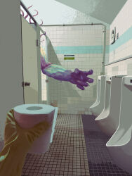 Rule 34 | 2others, bathroom, colored skin, gloves, highres, indoors, monster, multiple others, original, purple skin, tile floor, tile wall, tiles, toilet, toilet stall, toy(e), yellow gloves