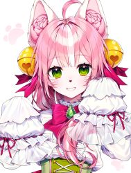 Rule 34 | 1girl, absurdres, ahoge, animal ears, animal hands, bell, blunt bangs, blush, bow, center frills, copyright request, corset, fox ears, frills, gem, green eyes, grin, ha youn, hair ornament, hair ribbon, hands up, highres, jingle bell, long sleeves, looking at viewer, paw print, pink bow, pink hair, red ribbon, ribbon, shirt, simple background, sleeves past fingers, sleeves past wrists, smile, solo, whiskers, white background, white hair, white shirt