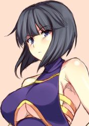 Rule 34 | 1girl, black hair, blue eyes, breasts, cleavage, cleavage cutout, clothing cutout, kupala, leotard, medium breasts, minami toshimi, portrait, short hair, solo, upper body, wrestle angels, wrestle angels survivor, wrestling outfit