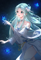 Rule 34 | 1girl, absurdres, bare legs, bare shoulders, blue hair, bug, butterfly, douluo dalu, dress, glowing, hair ornament, highres, insect, light, long hair, mo ai lingbao, night, smile, tang wutong (douluo dalu), weibo watermark, white dress