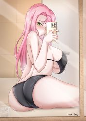 Rule 34 | 1girl, artist name, ass, bare shoulders, blush, bra, breasts, cellphone, from behind, green eyes, highres, huge ass, kan desu, large breasts, long hair, mirror, panties, phone, pink hair, pyork the pork, reflection, selfie, shiny clothes, shiny skin, sideboob, sitting, solo, thick thighs, thighs, underwear, very long hair, virtual youtuber
