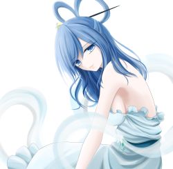 Rule 34 | 1girl, absurdres, bare shoulders, blue dress, blue eyes, blue hair, breasts, commentary request, dress, hair ornament, hair rings, hair stick, highres, hisin, kaku seiga, light smile, looking at viewer, medium breasts, medium hair, shawl, sideboob, sitting, solo, strapless, strapless dress, touhou