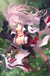 Rule 34 | 1girl, arm guards, baiken, black footwear, black jacket, black kimono, breasts, brown socks, cleavage, collarbone, commentary request, day, eyepatch, facial mark, fingernails, forehead mark, from above, grass, guilty gear, hand on hilt, jacket, jacket on shoulders, japanese clothes, katana, kimono, kneehighs, large breasts, lloule, long hair, long sleeves, looking away, looking to the side, multicolored clothes, multicolored kimono, obi, outdoors, parted bangs, parted lips, pink eyes, pink hair, ponytail, sandals, sash, scar, scar across eye, scar on face, smile, socks, solo, standing, sword, toeless legwear, very long hair, weapon, white kimono, wide sleeves