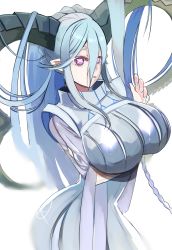 Rule 34 | + +, 1girl, absurdres, arm under breasts, braid, breasts, curled horns, dress, fate/grand order, fate/grand order arcade, fate (series), hair between eyes, highres, horns, kankitsu kei, large breasts, larva tiamat (fate), larva tiamat (third ascension) (fate), long hair, long horns, long sleeves, looking at viewer, pink eyes, pointy ears, ribbed dress, sidelocks, silver hair, solo, symbol-shaped pupils, tail, tiamat (fate), very long hair, white dress