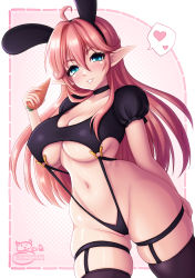 Rule 34 | 1girl, black leotard, black thighhighs, blue eyes, blush, breasts, cleavage, commentary, elf, english commentary, heart, highres, leotard, looking at viewer, navel, otaku no tonari wa elf desu ka?, parted lips, pink hair, pointy ears, puffy short sleeves, puffy sleeves, revealing clothes, sevie, short sleeves, skindentation, smile, solo, speech bubble, spoken heart, surtr (otaku no tonari wa elf desu ka?), thigh strap, thighhighs, underboob